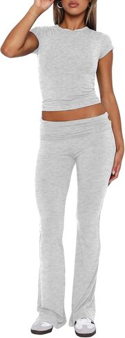 Darong Women's 2 Piece Lounge Set Fold-Over Flare Pants Short Sleeve Cropped Top Set Casual Outfits Pajamas Set in Saudi Arabia