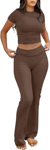 Darong Women's 2 Piece Lounge Set Fold-Over Flare Pants Short Sleeve Cropped Top Set Casual Outfits Pajamas Set in Saudi Arabia