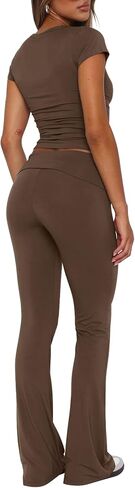 Darong Women's 2 Piece Lounge Set Fold-Over Flare Pants Short Sleeve Cropped Top Set Casual Outfits Pajamas Set in Saudi Arabia