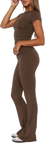 Darong Women's 2 Piece Lounge Set Fold-Over Flare Pants Short Sleeve Cropped Top Set Casual Outfits Pajamas Set in Saudi Arabia