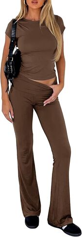 Darong Women's 2 Piece Lounge Set Fold-Over Flare Pants Short Sleeve Cropped Top Set Casual Outfits Pajamas Set in Saudi Arabia