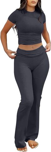Darong Women's 2 Piece Lounge Set Fold-Over Flare Pants Short Sleeve Cropped Top Set Casual Outfits Pajamas Set in Saudi Arabia