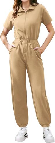 MIHOLL جمبسوت نسائي بأكمام قصيرة وسحاب وخصر مرن بلون واحد قطعة واحدة رومبير رياضي مع جيوب in Kuwait