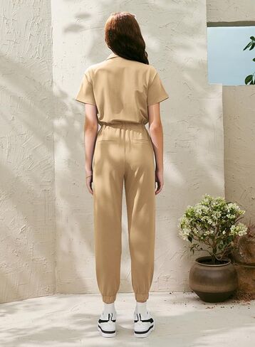 MIHOLL جمبسوت نسائي بأكمام قصيرة وسحاب وخصر مرن بلون واحد قطعة واحدة رومبير رياضي مع جيوب in Kuwait