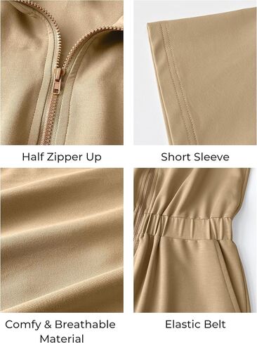 MIHOLL جمبسوت نسائي بأكمام قصيرة وسحاب وخصر مرن بلون واحد قطعة واحدة رومبير رياضي مع جيوب in Kuwait