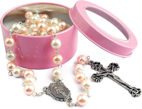 قلادة مسبحة من حبات اللؤلؤ الزجاجي باللونين الوردي والأبيض مقاس 8 مم مع صندوق هدايا معدني وردي in Kuwait