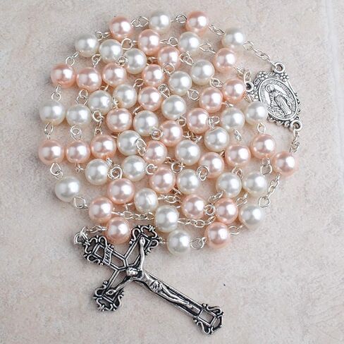 قلادة مسبحة من حبات اللؤلؤ الزجاجي باللونين الوردي والأبيض مقاس 8 مم مع صندوق هدايا معدني وردي in Kuwait