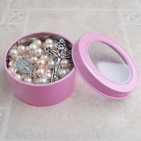 قلادة مسبحة من حبات اللؤلؤ الزجاجي باللونين الوردي والأبيض مقاس 8 مم مع صندوق هدايا معدني وردي in Kuwait