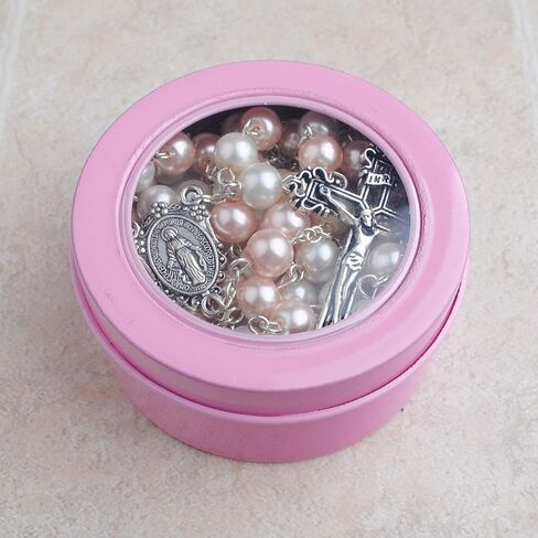 قلادة مسبحة من حبات اللؤلؤ الزجاجي باللونين الوردي والأبيض مقاس 8 مم مع صندوق هدايا معدني وردي in Kuwait