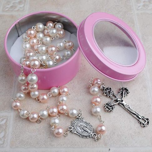 قلادة مسبحة من حبات اللؤلؤ الزجاجي باللونين الوردي والأبيض مقاس 8 مم مع صندوق هدايا معدني وردي in Kuwait