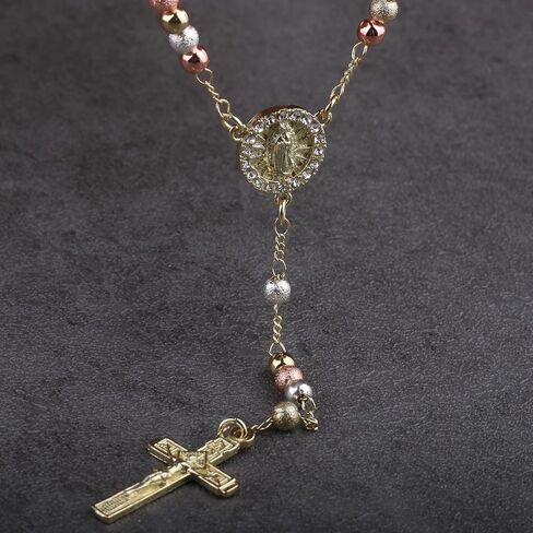 14K Gold Plated Rose Gold Plated Silver Beads Guadalupe Catholic Rosary Necklace for Women with Prayer Card and Gift Box in Saudi Arabia