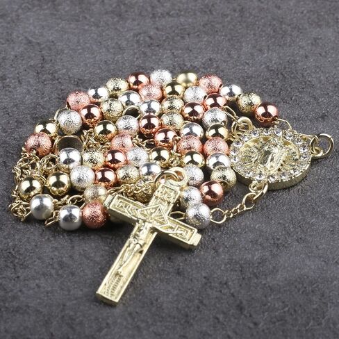 14K Gold Plated Rose Gold Plated Silver Beads Guadalupe Catholic Rosary Necklace for Women with Prayer Card and Gift Box in Saudi Arabia