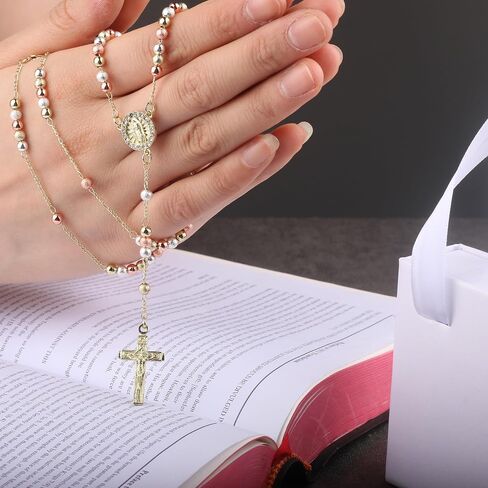 14K Gold Plated Rose Gold Plated Silver Beads Guadalupe Catholic Rosary Necklace for Women with Prayer Card and Gift Box in Saudi Arabia