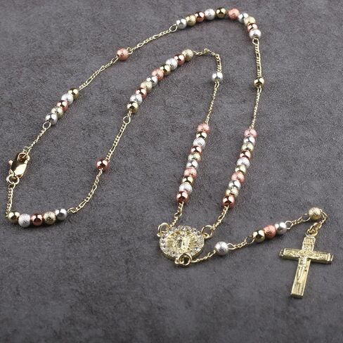 14K Gold Plated Rose Gold Plated Silver Beads Guadalupe Catholic Rosary Necklace for Women with Prayer Card and Gift Box in Saudi Arabia