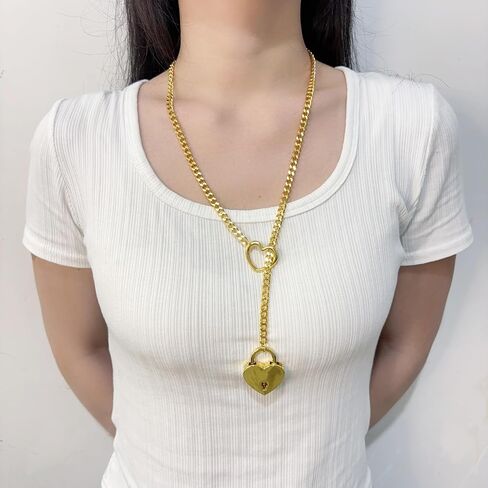 Heart Slip Chain Necklace for Women O-Ring Punk Cuban Necklace Chunky Heart Pendant Necklace Y-Lariat Necklace Long Necklace Heart Lock With Key Necklace Fashion Jewelry Gifts in Saudi Arabia