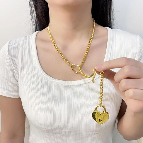 Heart Slip Chain Necklace for Women O-Ring Punk Cuban Necklace Chunky Heart Pendant Necklace Y-Lariat Necklace Long Necklace Heart Lock With Key Necklace Fashion Jewelry Gifts in Saudi Arabia