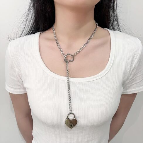 Heart Slip Chain Necklace for Women O-Ring Punk Cuban Necklace Chunky Heart Pendant Necklace Y-Lariat Necklace Long Necklace Heart Lock With Key Necklace Fashion Jewelry Gifts in Saudi Arabia