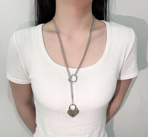 Heart Slip Chain Necklace for Women O-Ring Punk Cuban Necklace Chunky Heart Pendant Necklace Y-Lariat Necklace Long Necklace Heart Lock With Key Necklace Fashion Jewelry Gifts in Saudi Arabia