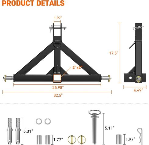 3 Point Trailer Hitch 2" Receiver Quick Hitch Compatible with Category 1 Tractors(Black), Heavy Duty Tractor Drawbar Hitch Adapter Compatible with BX, Kubota, John Deere, NorTrac, Kioti, Yanmar in Saudi Arabia