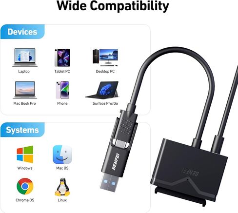 BENFEI SATA to USB Cable, 2in1 USB-C/USB 3.0 to SATA III Hard Driver Adapter Compatible for 2.5 inch HDD and SSD in Kuwait