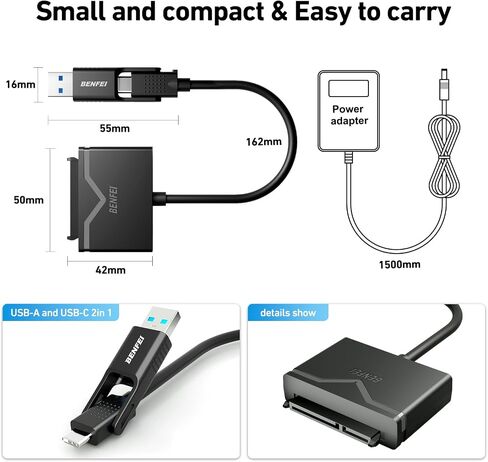 BENFEI SATA to USB Cable, 2in1 USB-C/USB 3.0 to SATA III Hard Driver Adapter Compatible for 2.5 inch HDD and SSD in Kuwait