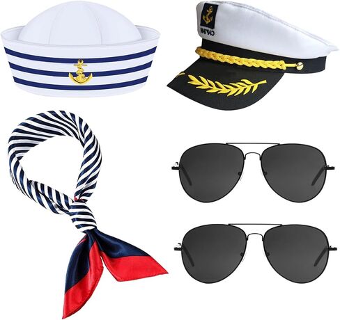 4 قطع من إكسسوارات قبعة كابتن اليخت، مجموعة إكسسوارات قبعة سفينة بحار ووشاح نظارات شمسية وقبعة بحار وقباطنة القوارب والحفلات للرجال والنساء in Kuwait
