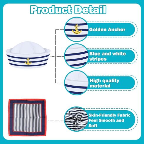 4 قطع من إكسسوارات قبعة كابتن اليخت، مجموعة إكسسوارات قبعة سفينة بحار ووشاح نظارات شمسية وقبعة بحار وقباطنة القوارب والحفلات للرجال والنساء in Kuwait