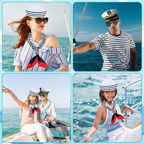 4 قطع من إكسسوارات قبعة كابتن اليخت، مجموعة إكسسوارات قبعة سفينة بحار ووشاح نظارات شمسية وقبعة بحار وقباطنة القوارب والحفلات للرجال والنساء in Kuwait