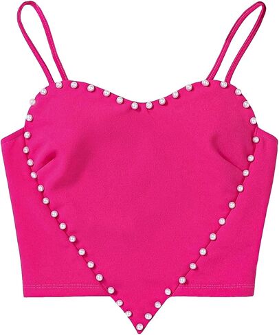 OYOANGLE Girl's Pearls Beaded Heart Cami Top Sleeveless Asymmetrical Hem Crop Tops in Saudi Arabia