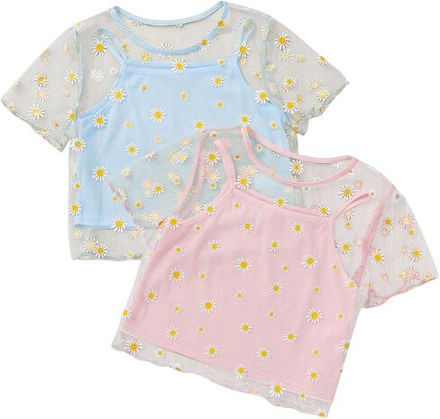 Girl's 2 Packs Mesh Shirt Top Floral Print Short Sleeve Sheer Cute Crop Tops with Cami Top in Kuwait