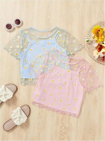 Girl's 2 Packs Mesh Shirt Top Floral Print Short Sleeve Sheer Cute Crop Tops with Cami Top in Kuwait