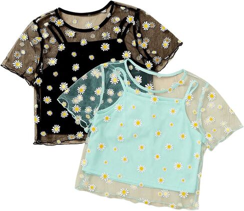 Girl's 2 Packs Mesh Shirt Top Floral Print Short Sleeve Sheer Cute Crop Tops with Cami Top in Kuwait