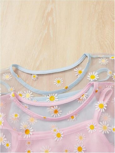Girl's 2 Packs Mesh Shirt Top Floral Print Short Sleeve Sheer Cute Crop Tops with Cami Top in Kuwait
