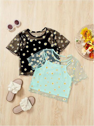 Girl's 2 Packs Mesh Shirt Top Floral Print Short Sleeve Sheer Cute Crop Tops with Cami Top in Kuwait