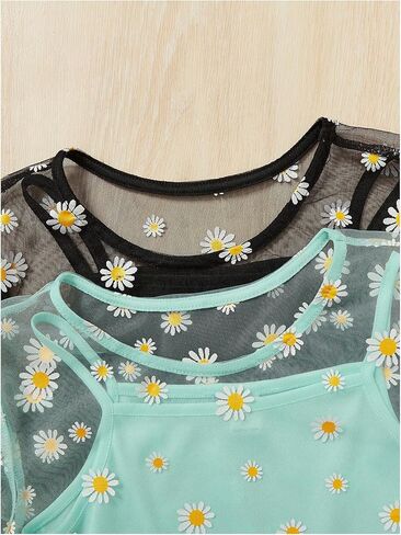 Girl's 2 Packs Mesh Shirt Top Floral Print Short Sleeve Sheer Cute Crop Tops with Cami Top in Kuwait