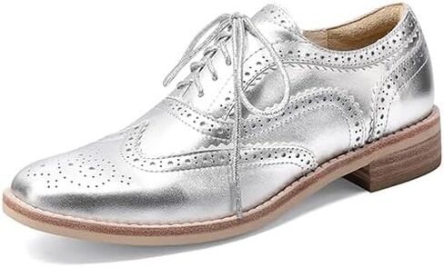 Leather Full Brogue Wingtip Oxfords for Women, Retro Perforated Detailing and Serrated Accents Lace Up Dress Shoes in Saudi Arabia