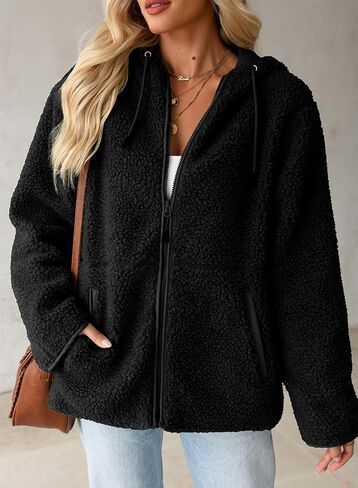 EVALESS Womens Fleece Jackets Solid Zip Up Coats Long Sleeve Fuzzy Hooded Jacket Outerwear With Pockets in Saudi Arabia