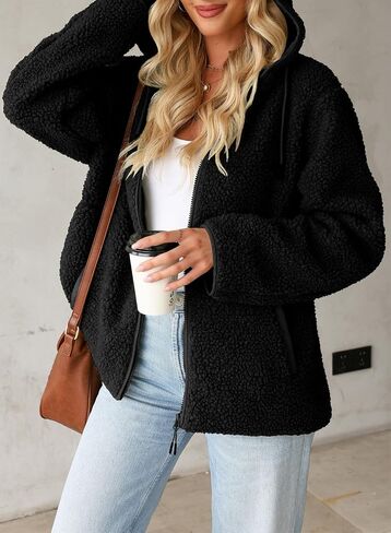 EVALESS Womens Fleece Jackets Solid Zip Up Coats Long Sleeve Fuzzy Hooded Jacket Outerwear With Pockets in Saudi Arabia