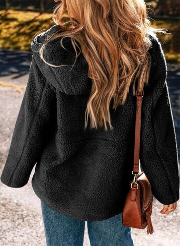 EVALESS Womens Fleece Jackets Solid Zip Up Coats Long Sleeve Fuzzy Hooded Jacket Outerwear With Pockets in Saudi Arabia