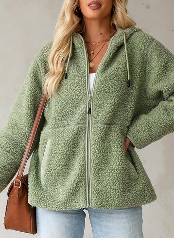 EVALESS Womens Fleece Jackets Solid Zip Up Coats Long Sleeve Fuzzy Hooded Jacket Outerwear With Pockets in Saudi Arabia