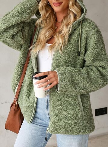 EVALESS Womens Fleece Jackets Solid Zip Up Coats Long Sleeve Fuzzy Hooded Jacket Outerwear With Pockets in Saudi Arabia