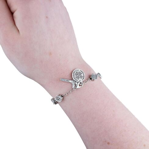 St. Benedict Medal Rosary Bracelet, Silvertone Jewelry Gift for Women, 7.75 Inches in Saudi Arabia