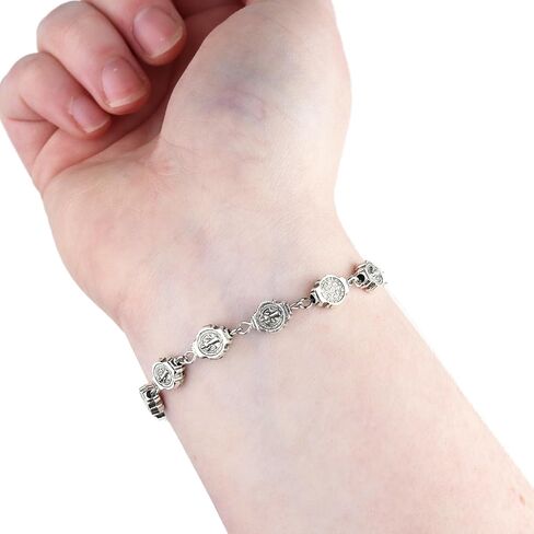 St. Benedict Medal Rosary Bracelet, Silvertone Jewelry Gift for Women, 7.75 Inches in Saudi Arabia
