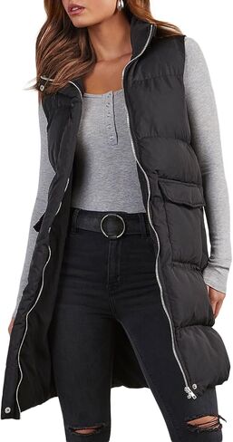 EVALESS Long Puffer Vest Women 2024 Zipper Sleeveless Quilted Vests with Pockets in Saudi Arabia