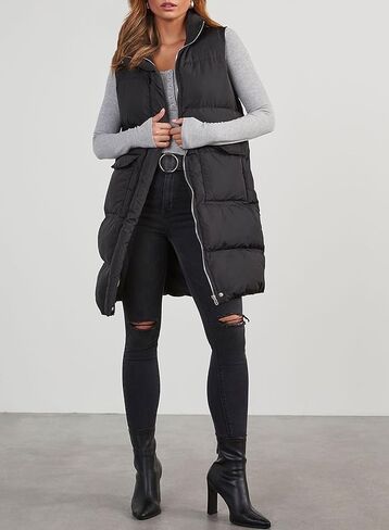 EVALESS Long Puffer Vest Women 2024 Zipper Sleeveless Quilted Vests with Pockets in Saudi Arabia
