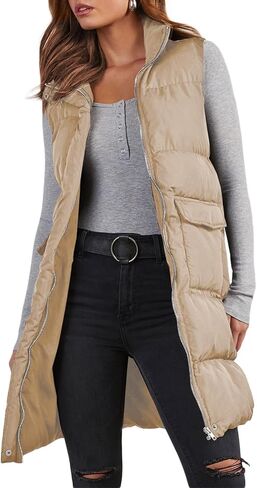 EVALESS Long Puffer Vest Women 2024 Zipper Sleeveless Quilted Vests with Pockets in Saudi Arabia