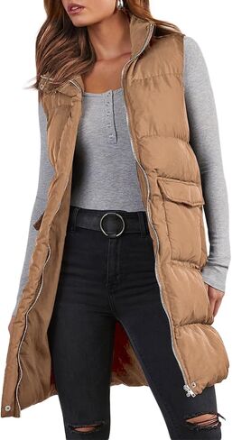 EVALESS Long Puffer Vest Women 2024 Zipper Sleeveless Quilted Vests with Pockets in Saudi Arabia