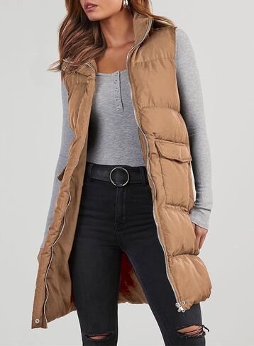 EVALESS Long Puffer Vest Women 2024 Zipper Sleeveless Quilted Vests with Pockets in Saudi Arabia