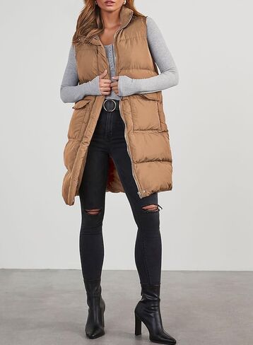 EVALESS Long Puffer Vest Women 2024 Zipper Sleeveless Quilted Vests with Pockets in Saudi Arabia
