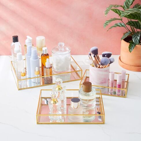 Juvale Set of 3 Gold Mirror Vanity Tray for Perfume, Makeup Display, Decorative Rectangle Glass Jewelry Organizer for Bathroom, Dresser (3 Sizes) in Saudi Arabia